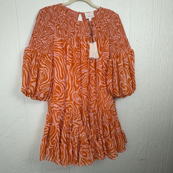 Cinq a Sept Billowed Sleeve Rika Dress Size 6 Orange Pink Smocked Boatneck NWT - Picture 6 of 14